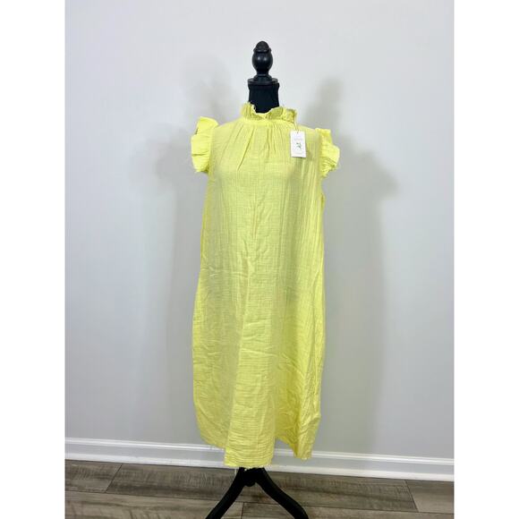 Stark X Midi Dress in Yellow Medium Ruffle Frayed Hem Linen Summer Party - Picture 1 of 4